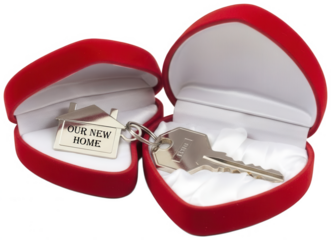 Silver house key with house shaped keychain in heart velvet box
