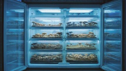 A refrigerator full of mushrooms. The mushrooms are in trays and are in different stages of growth