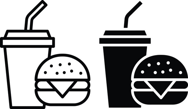 Outline and glyph style fast food icon set featuring a hamburger and soft drink