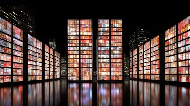 Illuminated glass facade panels reflecting colorful grid wet plaza night creating vibrant reflection