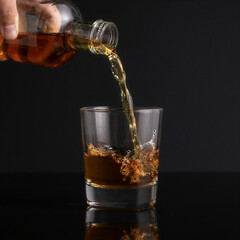 Whiskey Pouring into Glass on Black Background