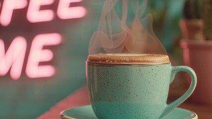 Steaming coffee cup on table with neon coffee time sign. - Powered by Adobe