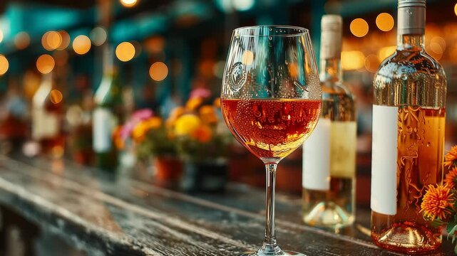 Rose wine glass and bottles arranged on outdoor bar counter at twilight.