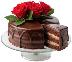 Chocolate cake decorated with red roses on a cake stand