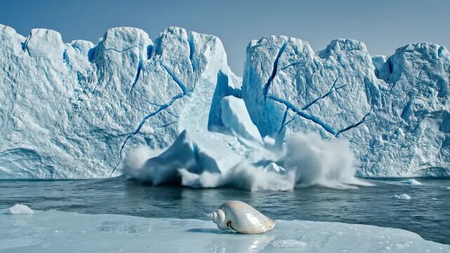A single seashell rests on ice at the base of a massive, towering glacier calving into the cold ocean waters.