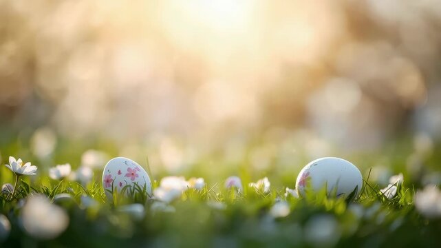 Easter egg in sunlit spring grass with flower decorated painted eggs and warm sunlight
