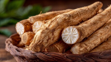 A basket full of root vegetables with one of them cut in half. The basket is brown and the vegetables are brown and white