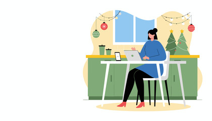Woman works remotely on her laptop in a kitchen decorated for the Christmas holidays