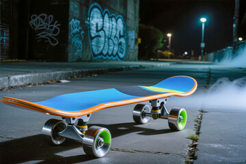 Blue and orange skateboard on asphalt. Cityscape with graffiti on the walls, street lamps, and fog in a dark night atmosphere.