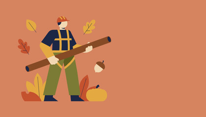 Construction worker holds a pipe Autumn industry labor concept with flat illustration and negative space © VECTOLAB
