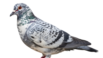 Beautifully detailed pigeon with vibrant red eye and intricate feather patterns standing against a clean white background showcasing its natural beauty and characteristics.