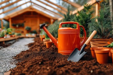 A garden hose and a shovel are placed on the ground next to a potted plant. The scene is set in a greenhouse, with a variety of potted plants surrounding the hose and shovel