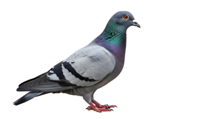 Pigeon standing on one foot with vibrant iridescent feathers on its neck against a plain white background
