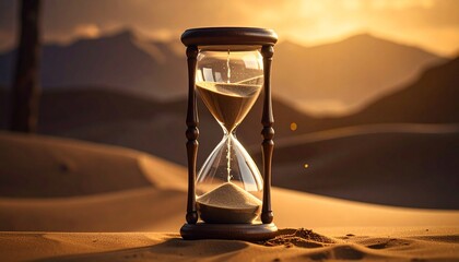 Classic hourglass with flowing sand on wooden surface under warm sunlight with particles in air