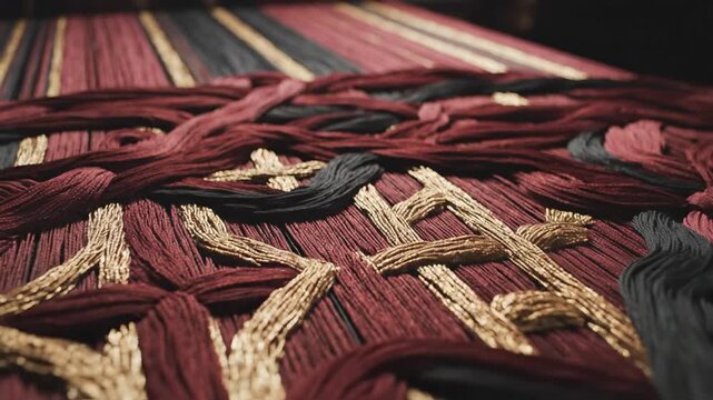 Crimson Threads Weaving Intricate Patterns on Textile