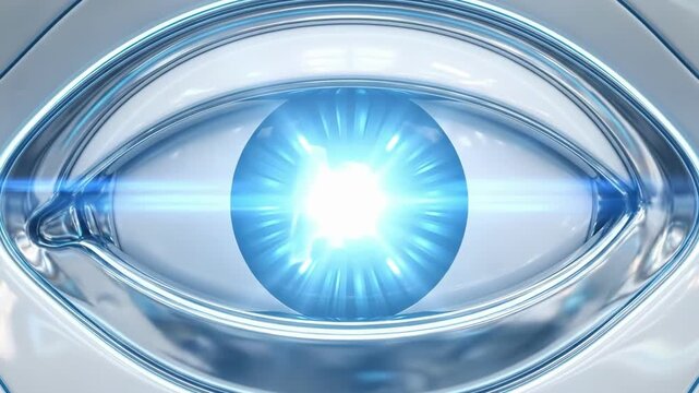 ASI concept, mechanical cybernetic eye opens and glows, revealing 'ASI' text, technological futuristic display of artificial superintelligence.