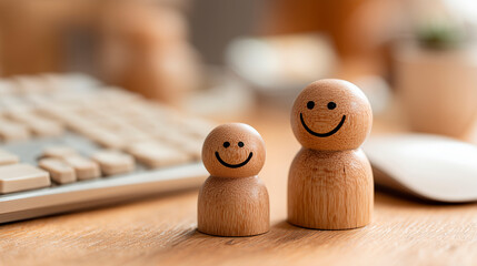 Smiling Wooden Figurines Representing Communication Methods and Digital Interaction on a Desk with Keyboard and Mouse in Soft Focus Background