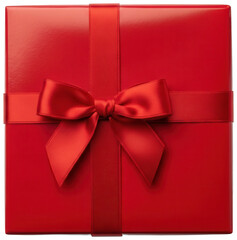 Top view of red square gift box with satin ribbon and elegant tied bow