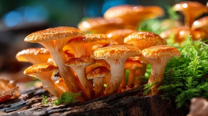 A group of mushrooms are growing on a log. The mushrooms are brown and yellow in color. The image has a natural and peaceful feel to it