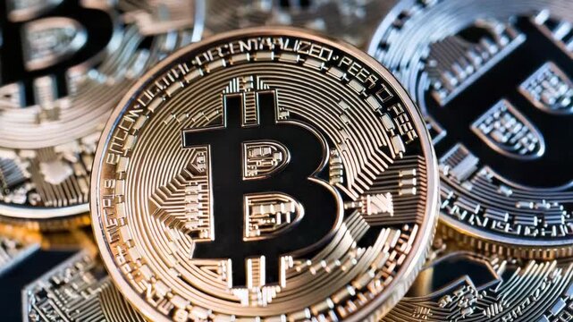 Golden bitcoin cryptocurrency coin metallic circuit digital coin close up with warm metallic texture