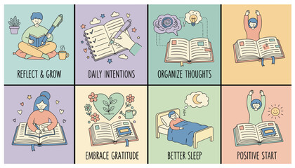 Fototapeta premium Collection of selfcare and journaling habits reflection intentions organization sleep and positive starts