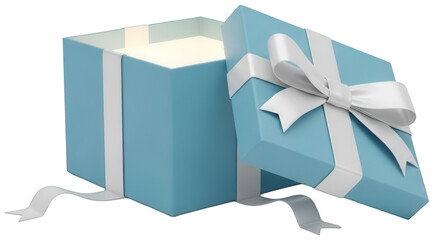 Light blue gift box with a white ribbon and bow, lid open revealing a soft glow inside
