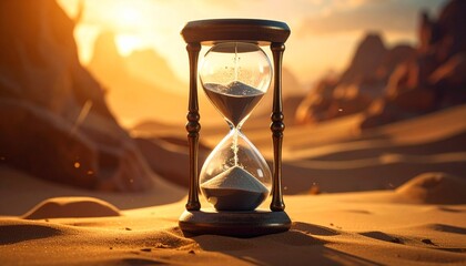 Classic hourglass with flowing sand on wooden surface under warm sunlight with particles in air