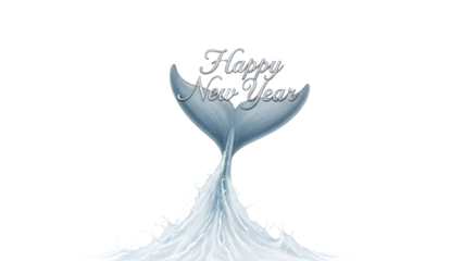 Creative happy new year greeting card with whale tail and water splash design element on a white background.