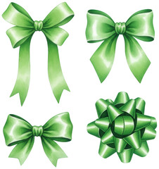 Set of four green watercolor ribbon bows for gifts on transparent background