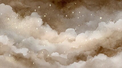 Atmospheric, abstract composition, featuring dreamy clouds and sparkling stars in a warm color palette