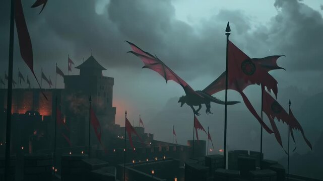 Dark fantasy scene with a flying dragon above a medieval castle in heavy fog, dramatic sky and moody atmosphere creating an epic mythical setting