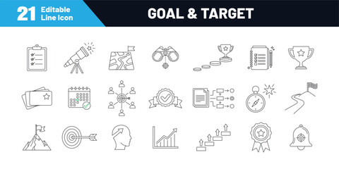 Goal and Target editable icon set. Line icon collection of mission, medal, success, mountain peak, winning, aim, target, trophy and more. Editable stroke, vector illustration.