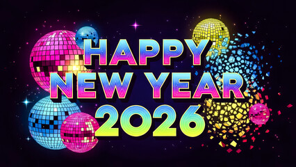 Happy New Year 2026 Neon Disco Style with Glittering Text and Colorful Mirror Balls