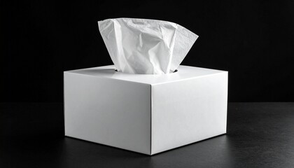 White tissue box with fan-like protruding tissues on reflective surface against dark background