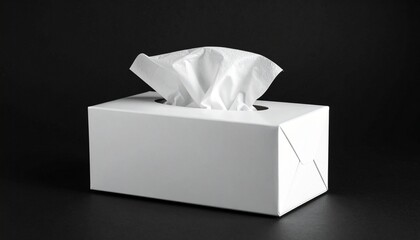 White tissue box with fan-like protruding tissues on reflective surface against dark background