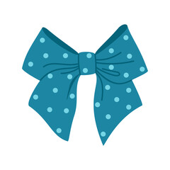 Blue polka dot ribbon bow. Festive decorative element, girl accessory. Hand drawn vector illustration isolated on white background, modern flat cartoon style.