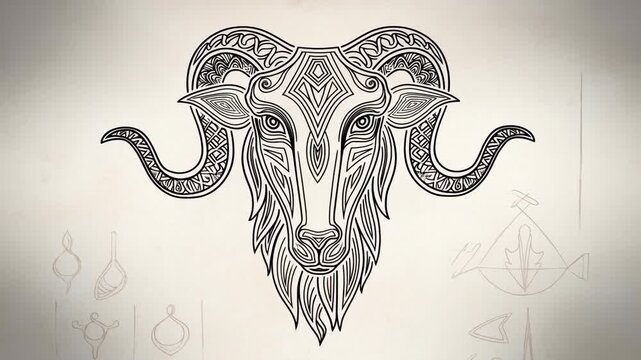 Ornate Sketch Becomes Elaborate Tattoo, Vintage Style Ink Drawing Of Horns And Mystical Symbols