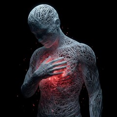 Abstract Wireframe Human Figure with Glowing Red Heart Symbolizing Emotion Love or Pain 3D Render