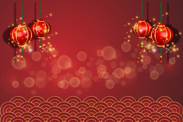 Chinese New Year background with red lanterns and gold ornaments