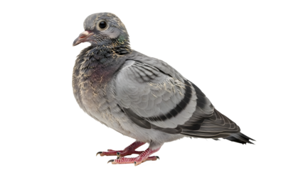Pigeon standing alone against a white background displaying its gray and black feathers and reddish legs.