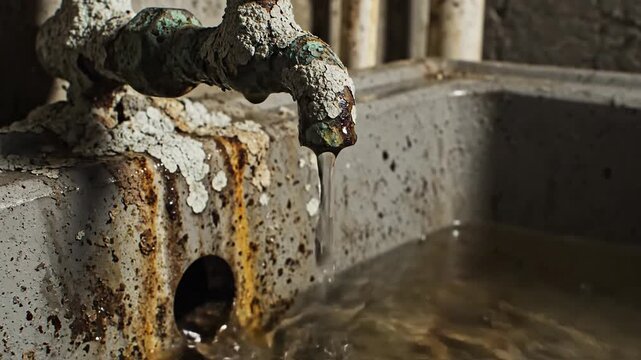 Corroded Metal Faucet with Visible Mineral Deposits and Water Dripping into a Grimy Sink