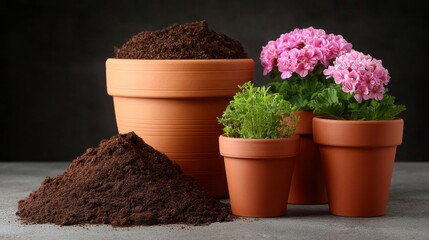 A pot of soil and a plant sit on a table. The plant is a pink flower. The pot of soil is full of dirt and the plant is in a small pot