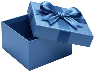 Opened blue gift box with ribbon and bow on transparent background