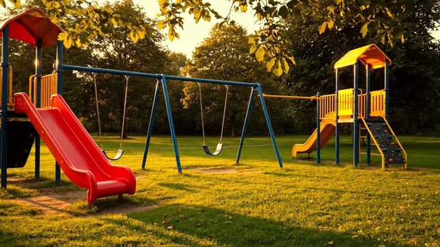 Colorful Children's Playground Standing Empty in a Public Park During Golden Hour Sunset