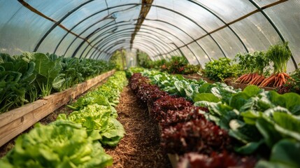 A greenhouse filled with various types of vegetables including lettuce, carrots, and broccoli. The vegetables are growing in rows and are surrounded by a clear plastic covering