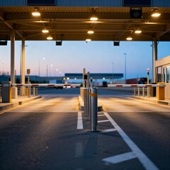 Illuminated toll booth with barriers at dusk on an empty highway checkpoint