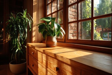 A plant sits on a wooden table next to a window. The sunlight is shining on the plant, making it look healthy and vibrant. The room has a warm and inviting atmosphere, with the wooden furniture