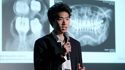 Engaging young speaker presenting complex dental X-ray analyses during a medical conference, showcasing advancements in oral health diagnostics and scientific research