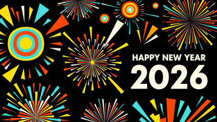 Happy New Year 2026 Retro Fireworks Celebration Illustration