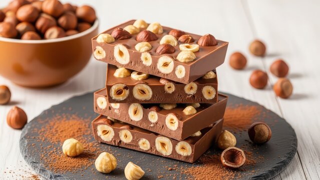 Delicious chocolate bars with hazelnuts on a dark plate